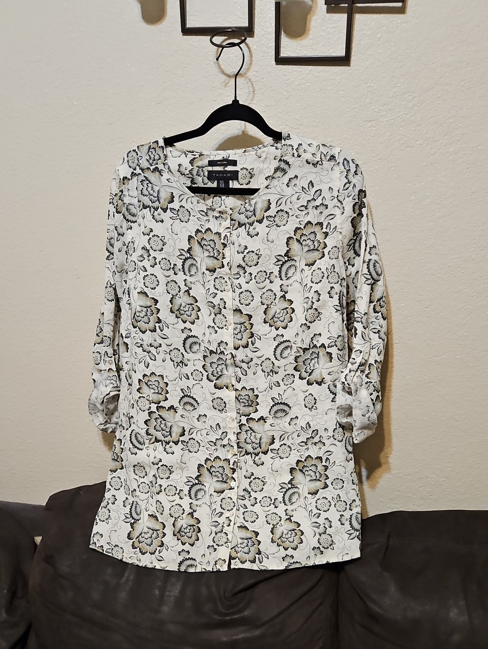 Tahari 100% Linen Cream and Black Floral Button-Down Shirt